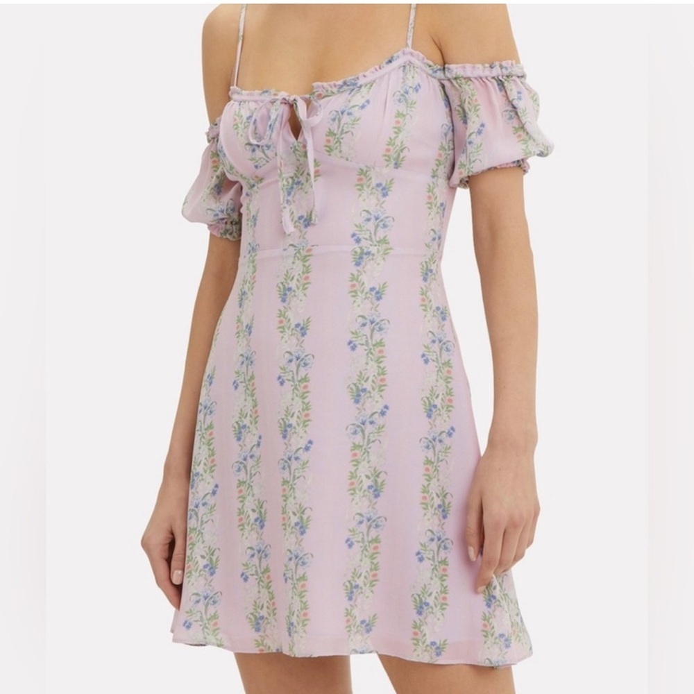 Intermix Silk Purple Floral Patterned Off-Shoulder Mini Dress- Size 2